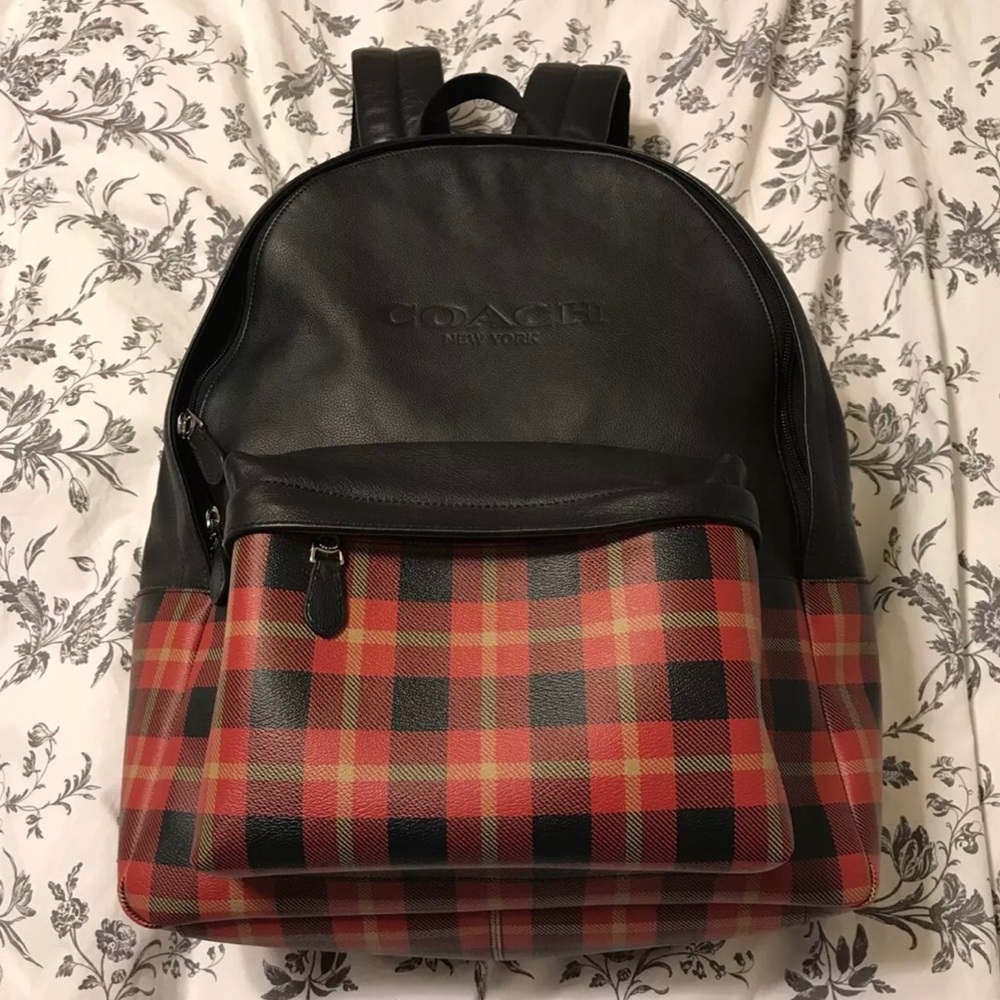 Coach Charles Backpack #F55394 Black/Red Plaid NEW